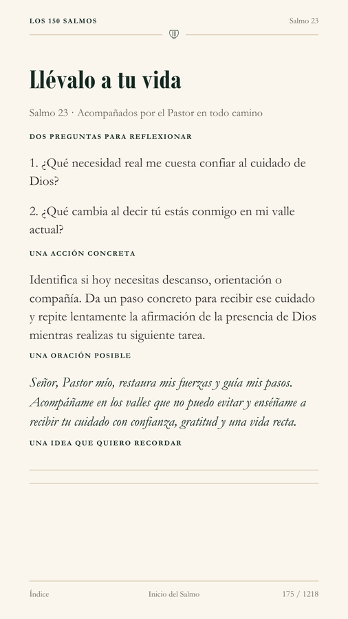 Página real del Salmo 23 con preguntas, una acción concreta y una oración