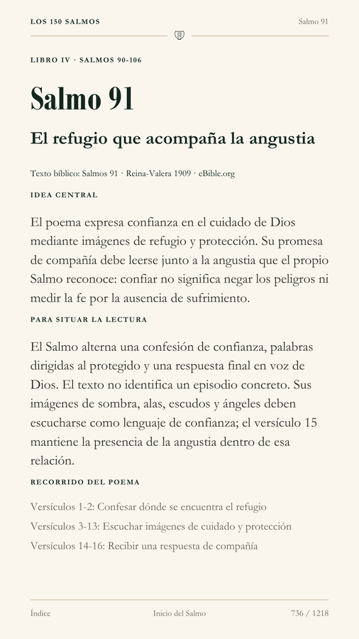 Página inicial real del Salmo 91 con idea central, contexto y recorrido del poema