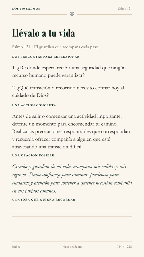 Página real con la aplicación práctica y la oración del Salmo 121