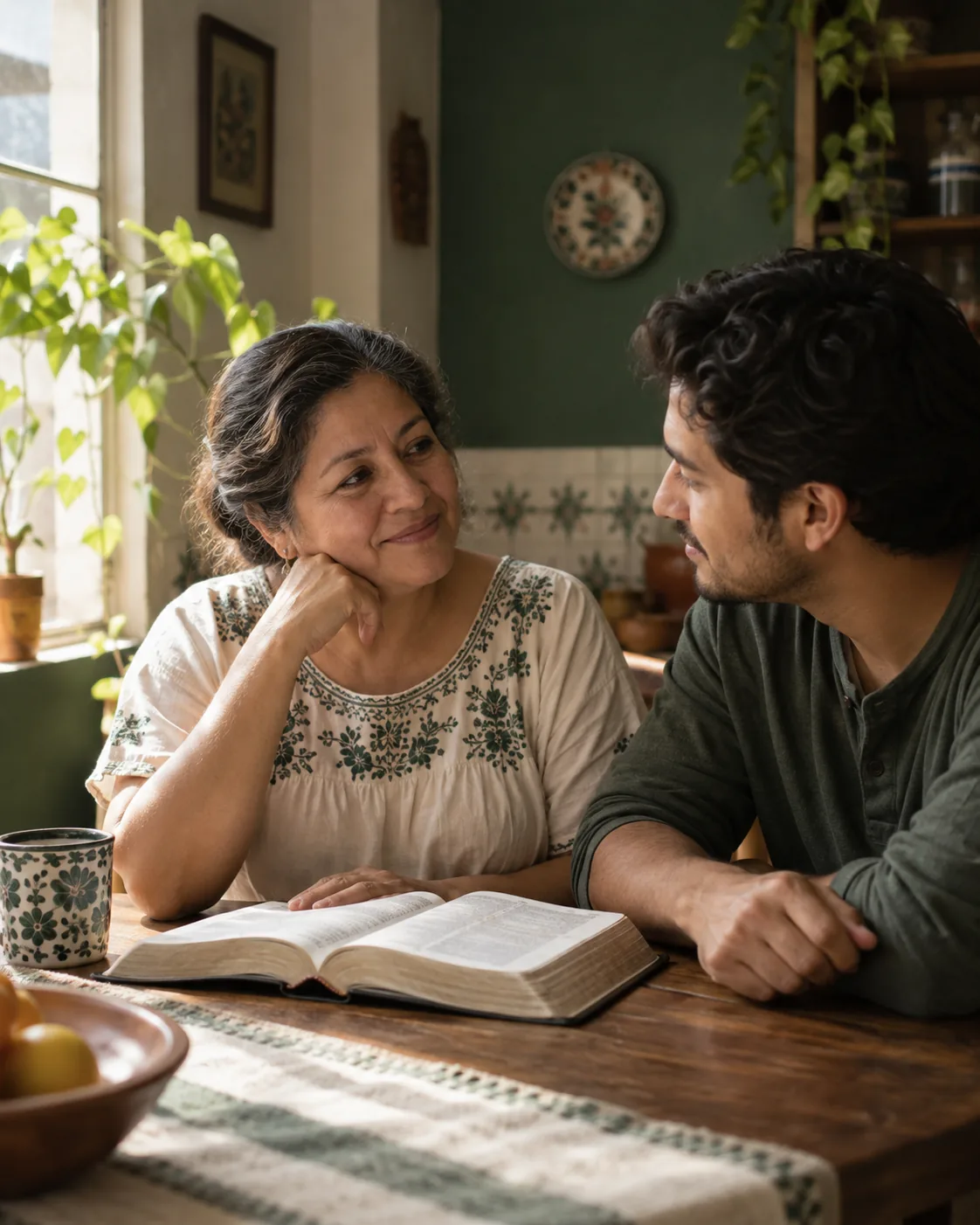 Una mujer y un joven conversan junto a una Biblia abierta en casa